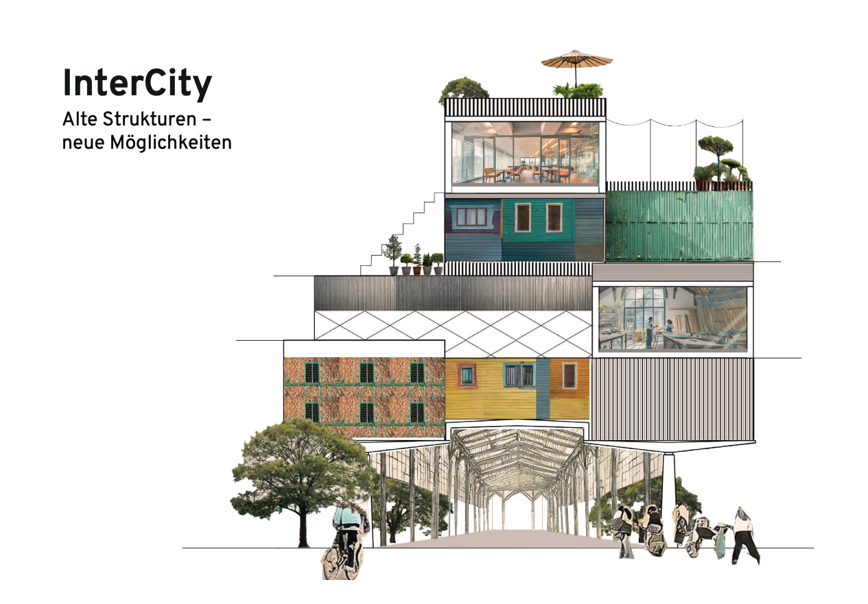 Eine collagierte, rudimentäre Illustration des Nutzungskonzepts „InterCity. Alte Strukturen – neue Möglichkeiten“