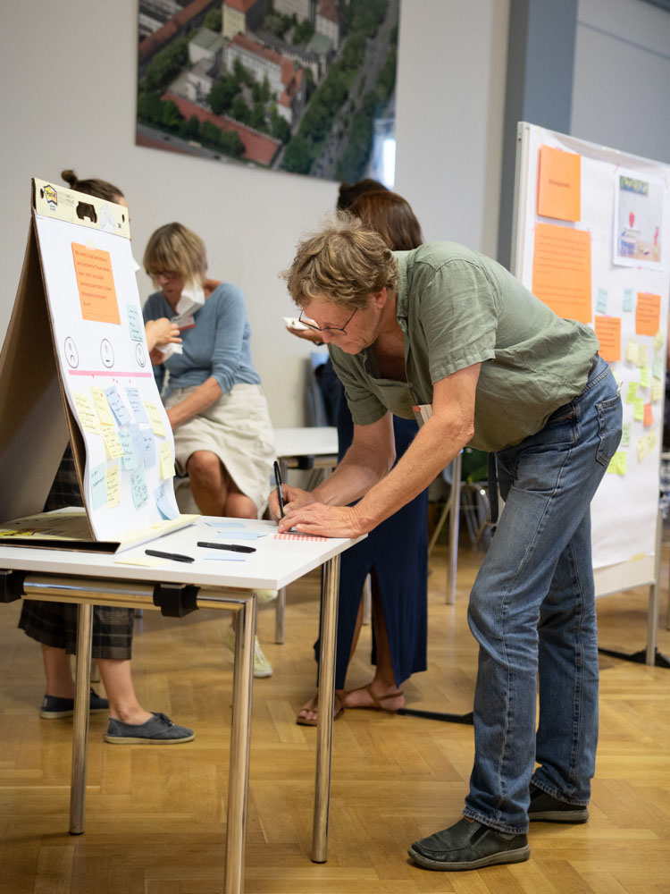 Ein Mann mit lockigem Haar und Brille schreibt an einem Tisch während eines kollaborativen Workshops auf einen Notizblock. Er ist von anderen Personen umgeben, die mit verschiedenen Aktivitäten beschäftigt sind. Im Vordergrund befindet sich eine Anzeigetafel mit bunten Haftnotizen und Feedback-Formularen. Im Hintergrund ist eine große Luftbildkarte einer Stadt zu sehen, die den Kontext der Situation verdeutlicht. Der Raum hat eine helle, offene Atmosphäre mit Holzfußböden und modernen Möbeln.