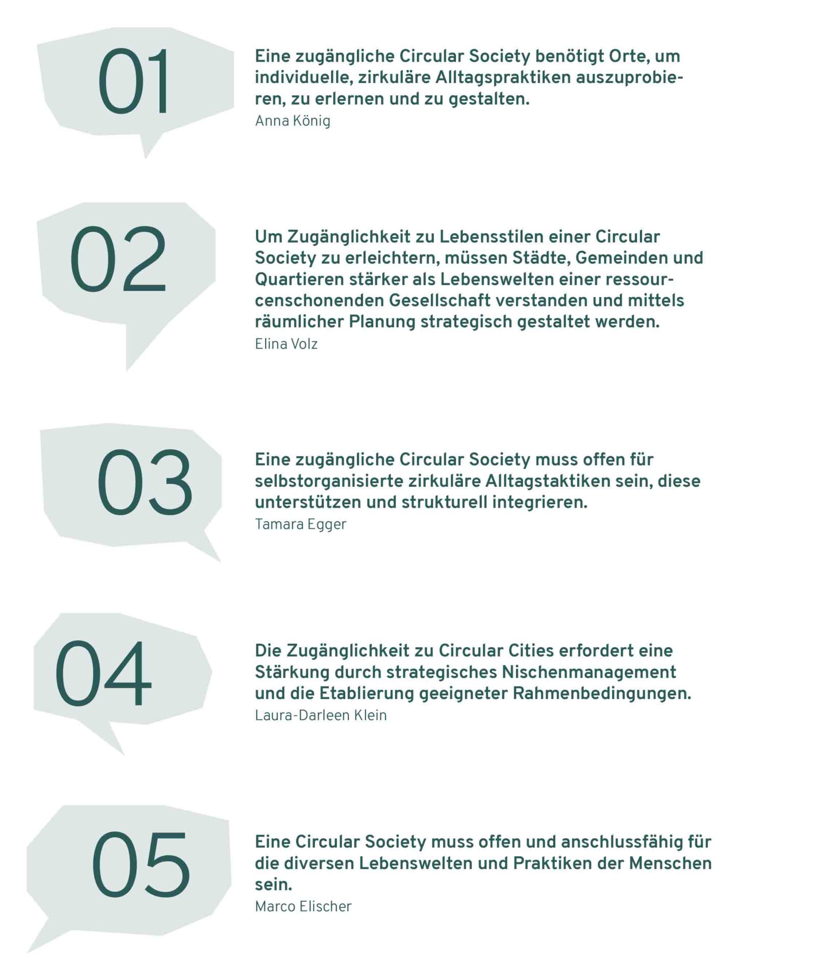 Die fünf Thesen für mehr Durchlässigkeit und Zugänglichkeit in einer Circular Society in grüner Schrift auf weißem Grund aufgelistet und mit großen grünen Zahlen auf grauen Darstellungen verschiedener Sprechblasen nummeriert.