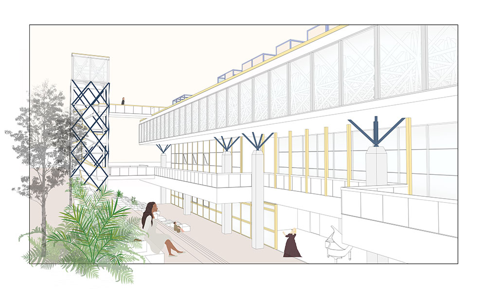 Das Bild zeigt eine architektonische Zeichnung eines modernen Gebäudes mit Innenhof. Der Stil ist minimalistisch und zeichnet sich durch klare Linien und geometrische Formen aus. Im Innenhof befinden sich einige Personen, Pflanzen und ein Klavier. Ein Treppenturm verbindet verschiedene Ebenen des Gebäudes. Die Zeichnung wirkt ruhig und vermittelt ein Gefühl von Ordnung und Ruhe.