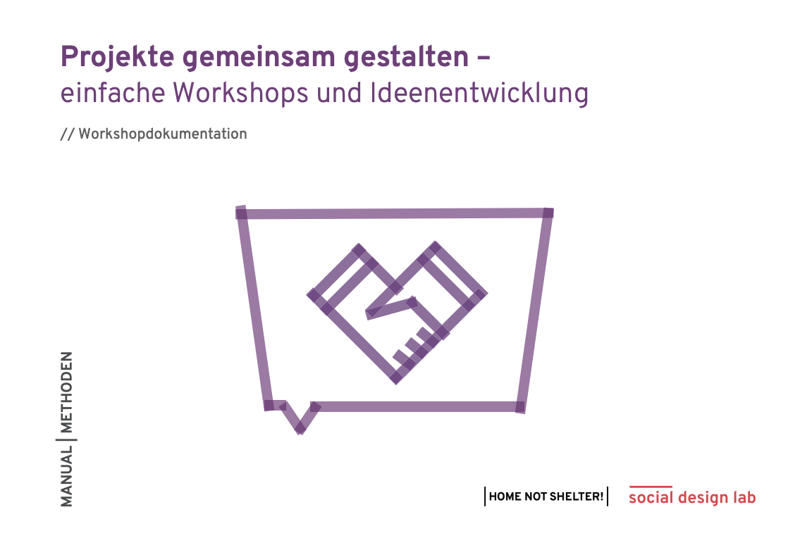 Home not Shelter_Einfache Workshops und Ideenentwicklung Grafik mit einem stilisierten Herz in einem Sprechblasenrahmen und dem Text „Projekte gemeinsam gestalten – einfache Workshops und Ideenentwicklung // Workshopdokumentation“